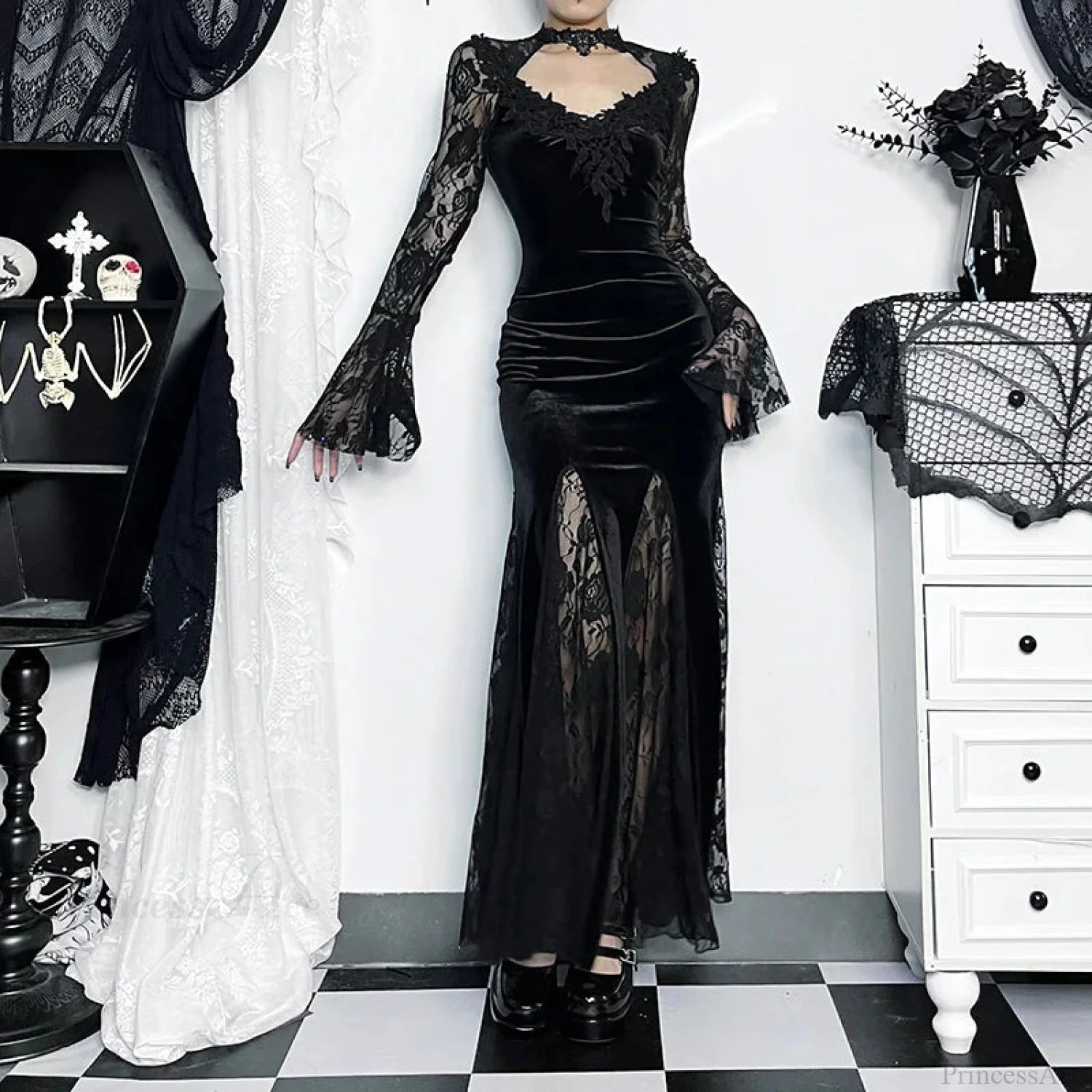 Delicate Fishtail Hollow V-neck Midi Dress Black / S