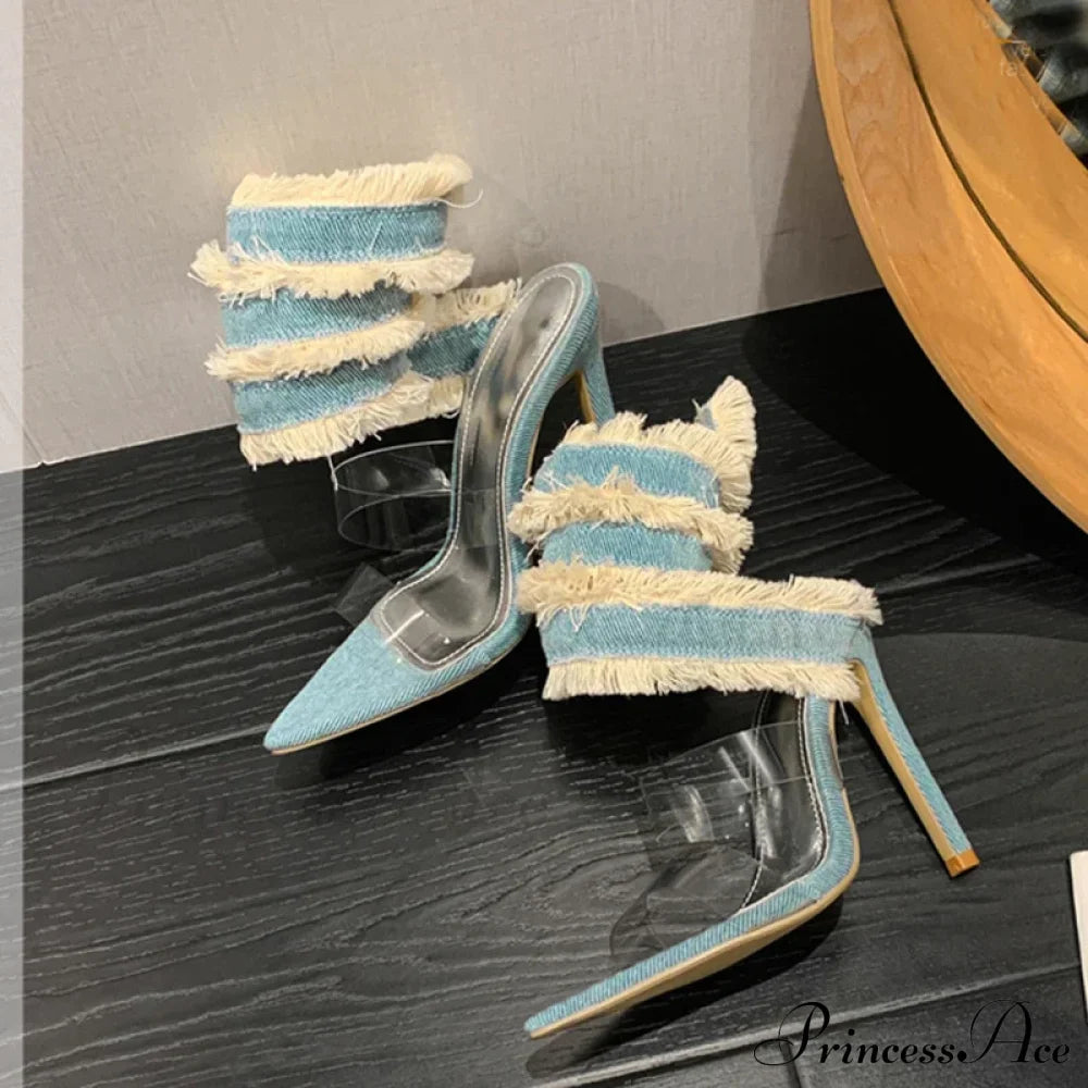 Denim Ankle Snake-Surround Strap Transparent Pvc Summer High-Heels Party Stripper Pumps High Heel