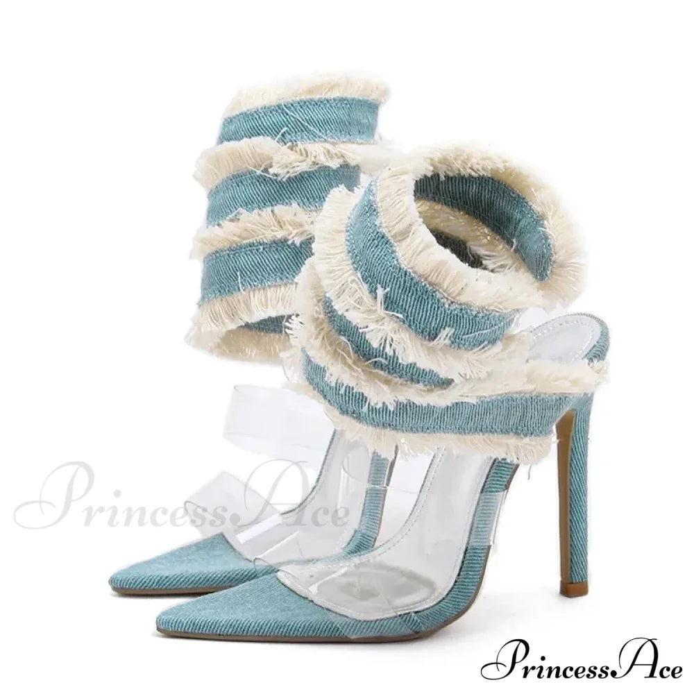 Denim Ankle Snake-Surround Strap Transparent Pvc Summer High-Heels Party Stripper Pumps High Heel