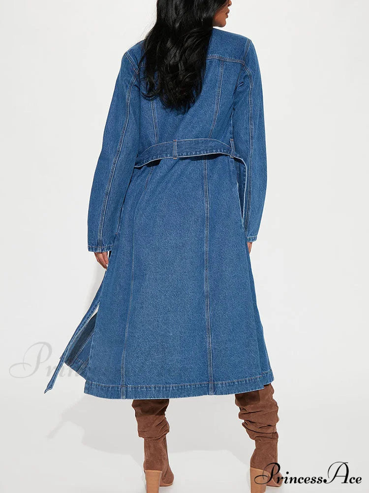 Denim Button Graceful High Split Skirt Coats-L