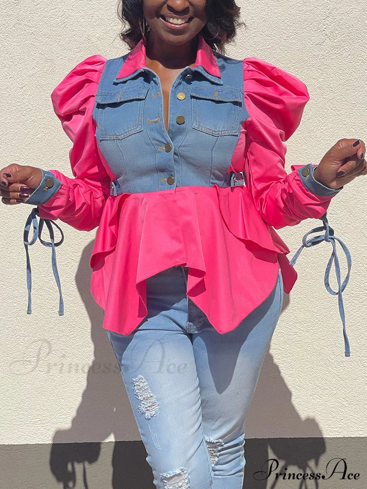 Denim Charming Patchwork Romper Rose / S Shirts & Tops