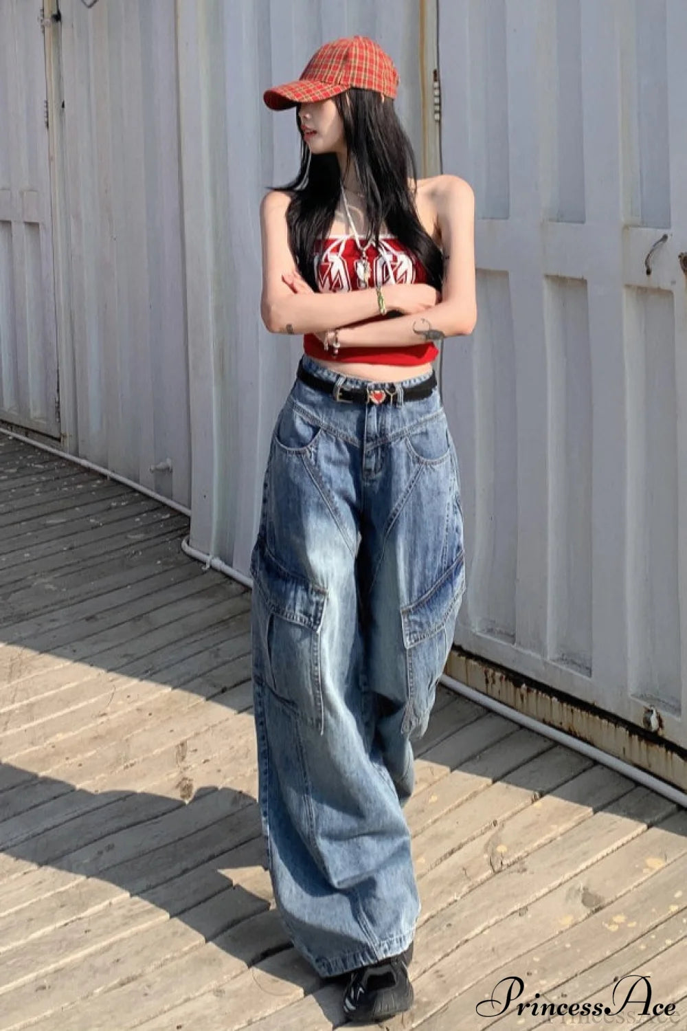 Denim Diagonal Split Wide Leg Cargo Pants