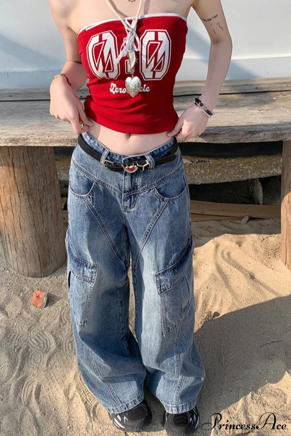 Denim Diagonal Split Wide Leg Cargo Pants