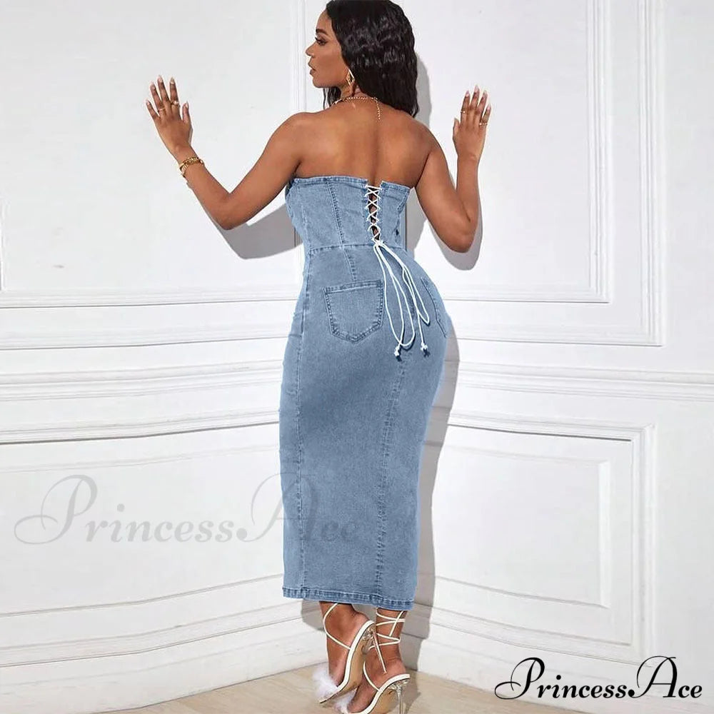 Denim Dreams Stylish Lace-Up Mini Dress Casual Dresses