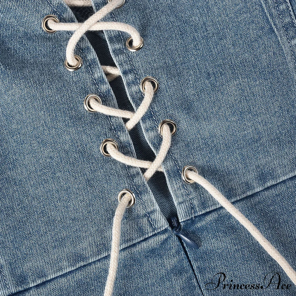 Denim Dreams Stylish Lace-Up Mini Dress Casual Dresses