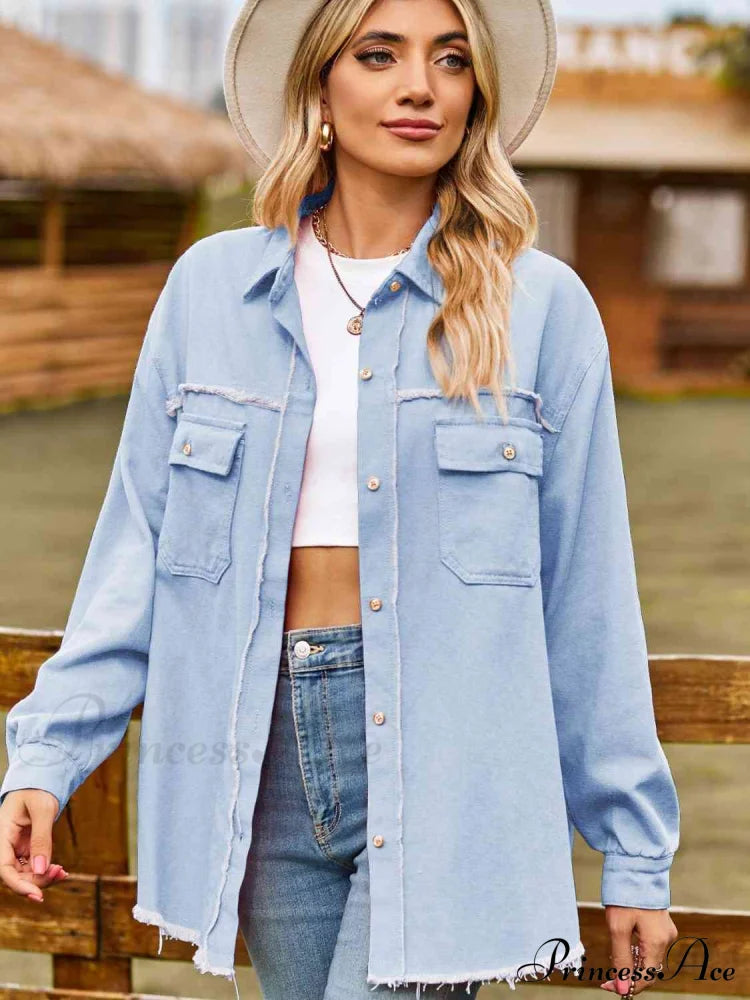 Denim Hem Raw Neck Collared Top