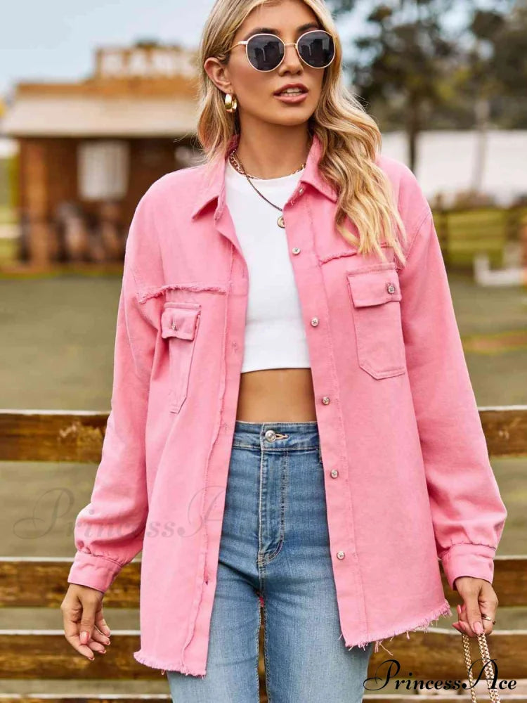 Button Up Collared Neck Raw Hem Denim Top Carnation Pink clothes long sleeve shirts long sleeve top Manny Ship From Overseas shirt shirts top tops