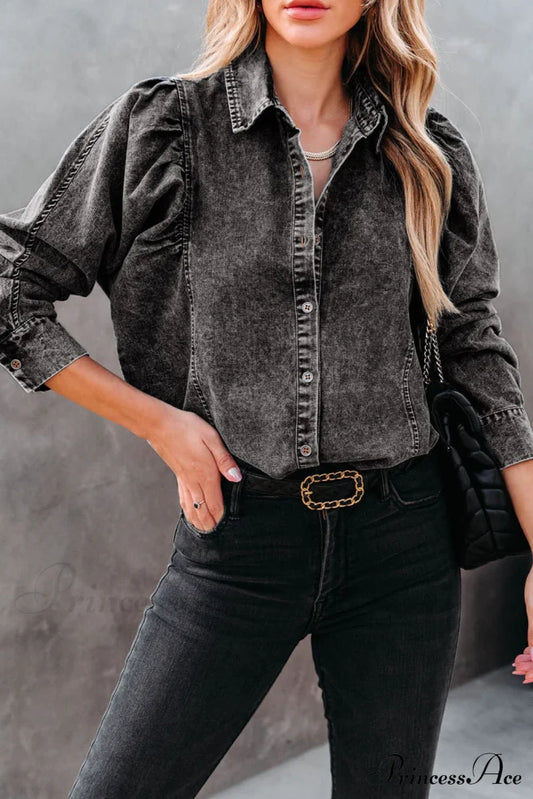 Black Puff Sleeve Button-Up Denim Jacket Black 82%Cotton+10%Polyester+8%Viscose clothes Fabric Denim long sleeve shirt long sleeve shirts long sleeve top long sleeve tops Occasion Daily Print Solid Color Season Fall & Autumn shirt shirts Style Elegant top tops