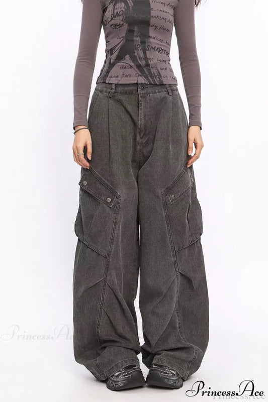 Denim Large Pocket Wide-Leg Cargo Pants Black / S