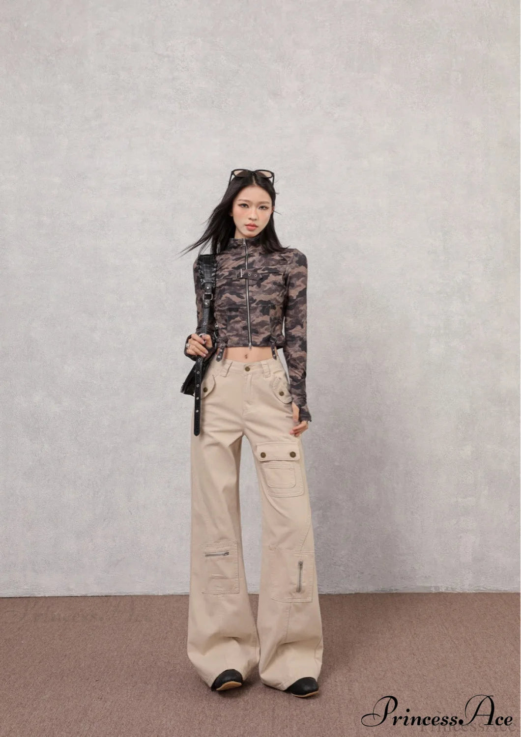 Denim Multi-Pocket High Waist Flared Cargo Pants