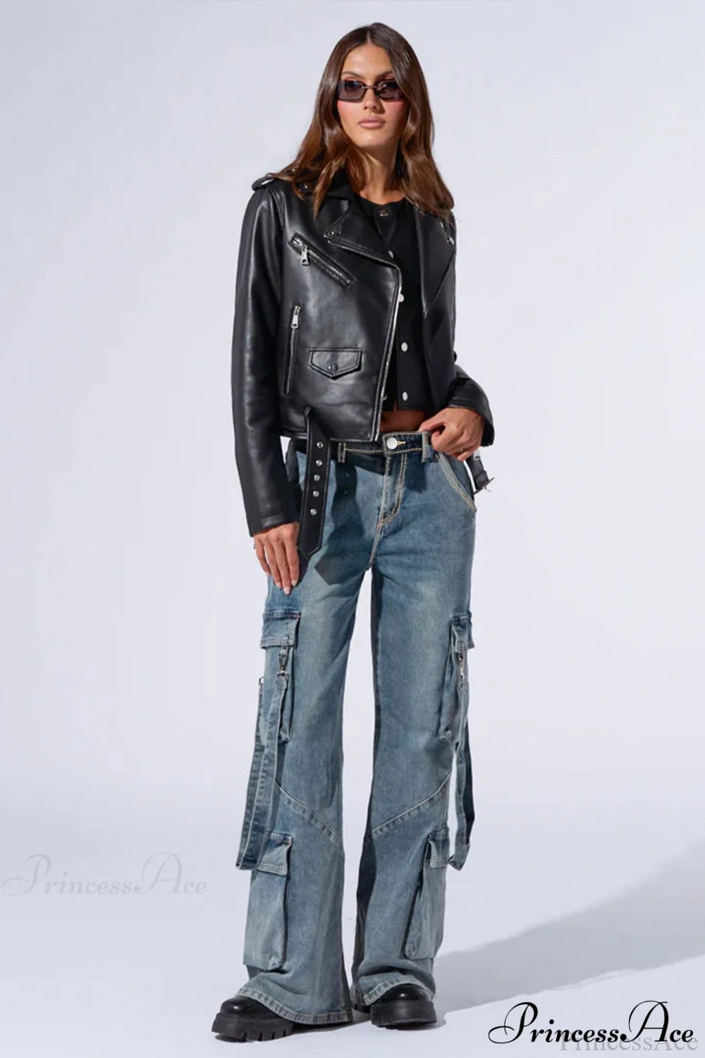 Denim Multi-Pocket Wide-Leg Cargo Pants
