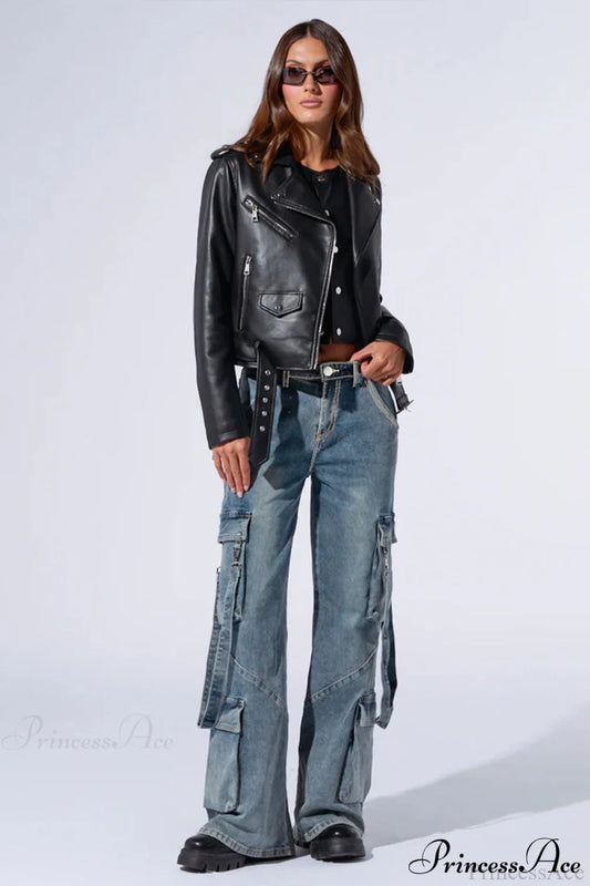 Denim Multi-Pocket Wide-Leg Cargo Pants