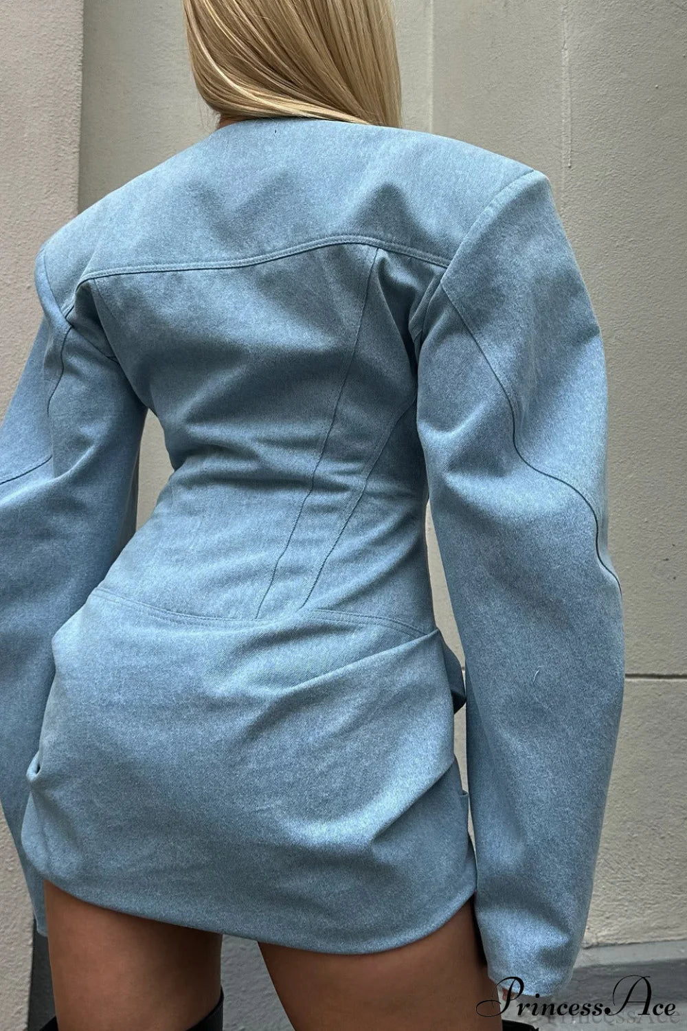 Denim Padded Shoulder Crew Neck Tie Waist Mini Dress