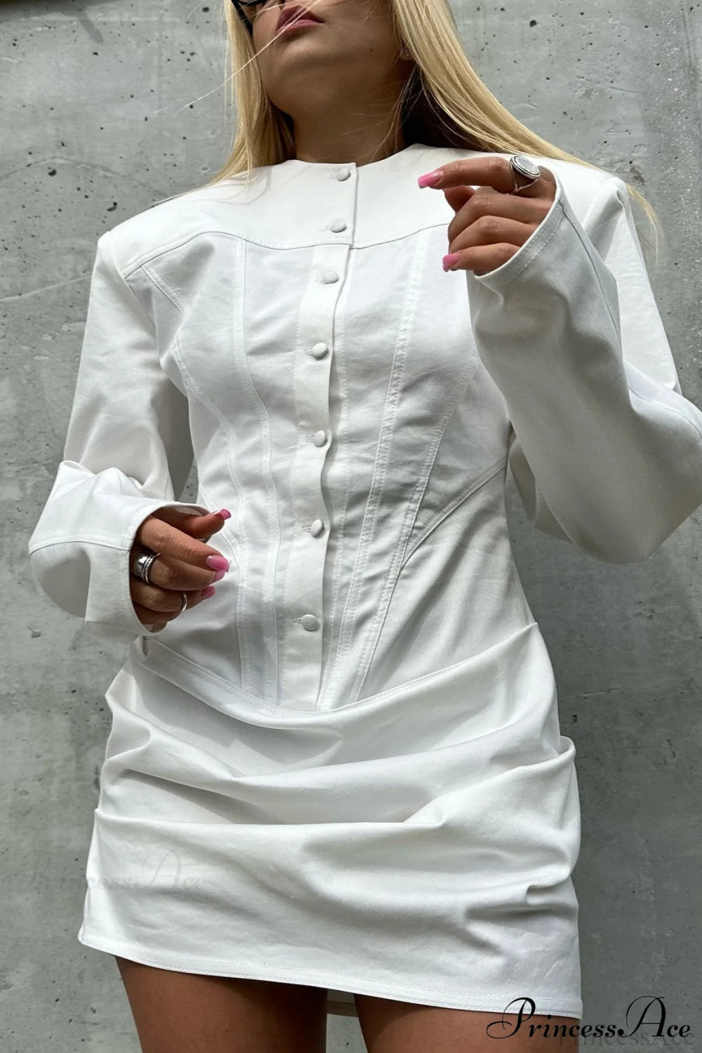 Denim Padded Shoulder Crew Neck Tie Waist Mini Dress