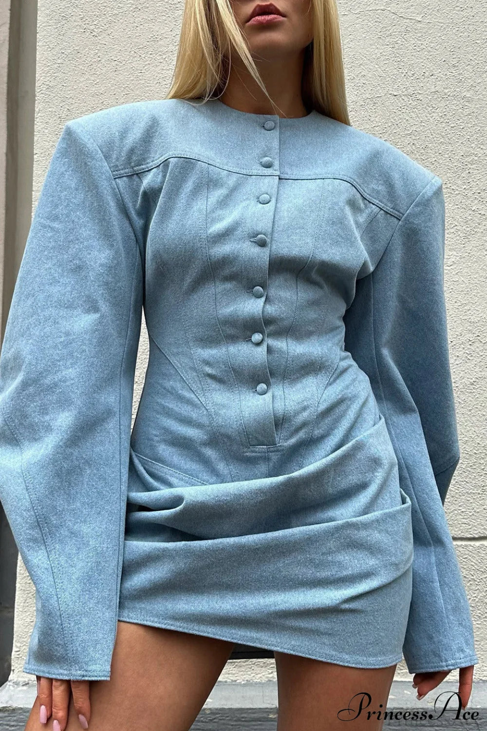 Denim Padded Shoulder Crew Neck Tie Waist Mini Dress