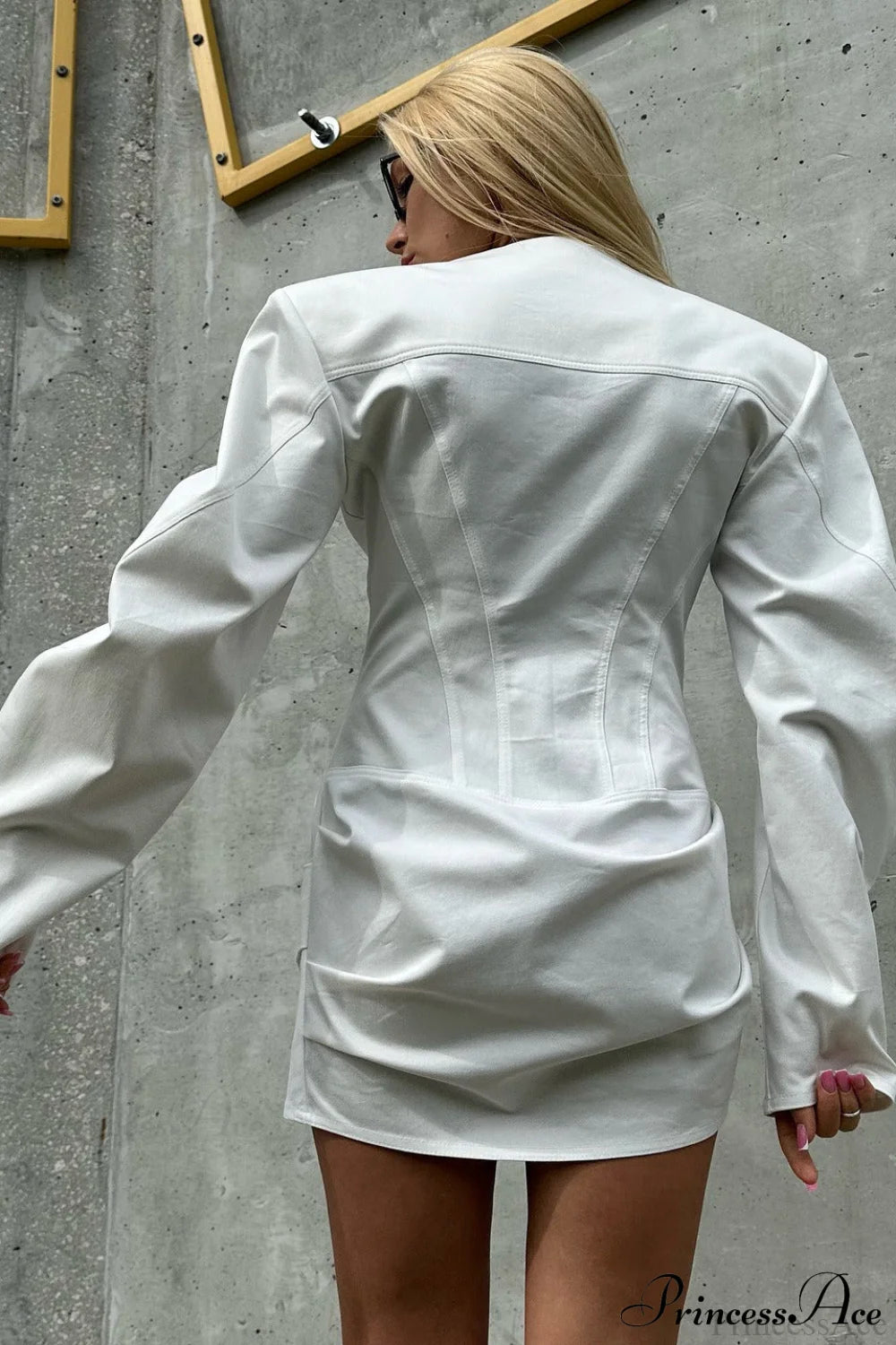 Denim Padded Shoulder Crew Neck Tie Waist Mini Dress