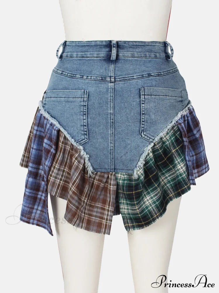 Denim Patchwork Graceful Plaid Shorts Skirts