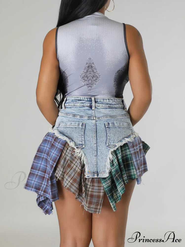 Denim Patchwork Graceful Plaid Shorts Skirts