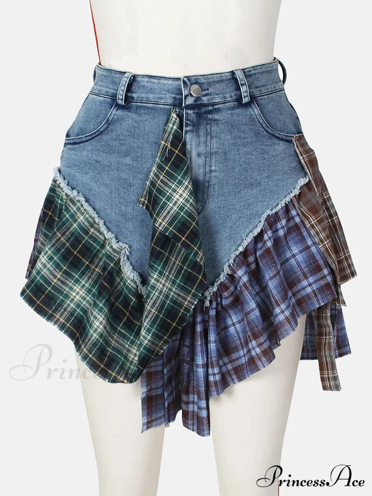 Denim Patchwork Graceful Plaid Shorts Skirts