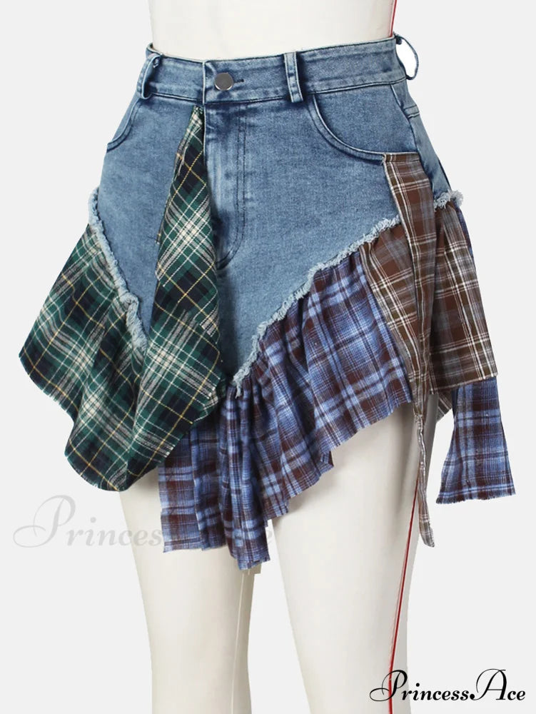 Denim Patchwork Graceful Plaid Shorts Skirts