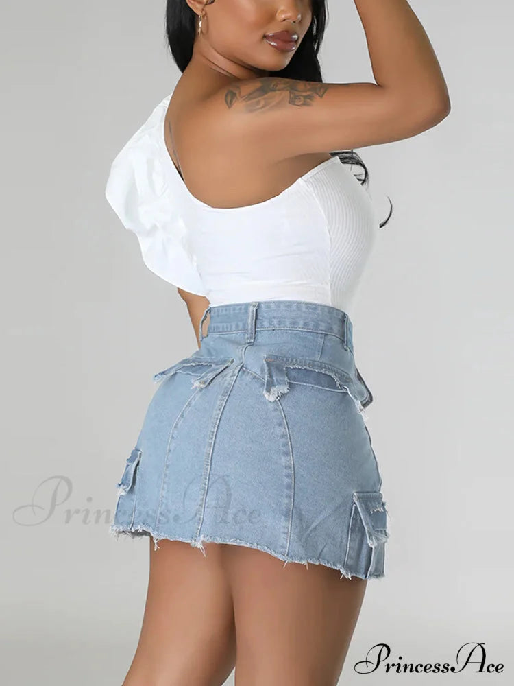 Denim Pocket Graceful Patched Mini Skirt Skirts