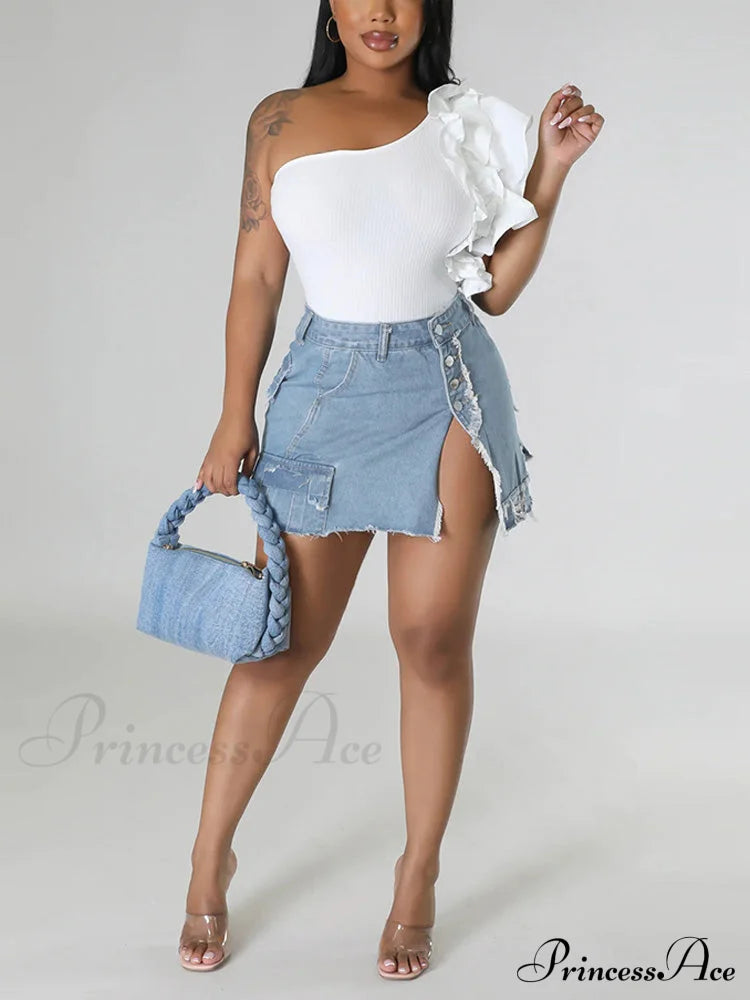 Denim Pocket Graceful Patched Mini Skirt Skirts