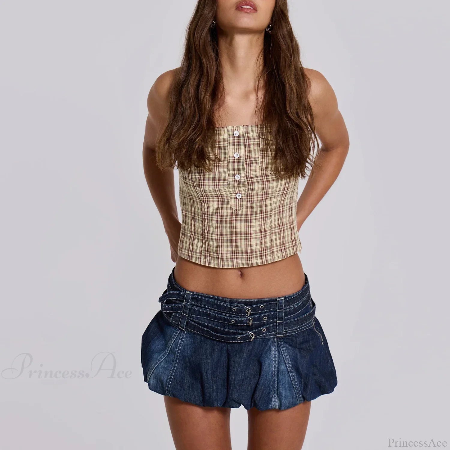 Denim Ruffle Buckled Belted Skirt skirts-250223