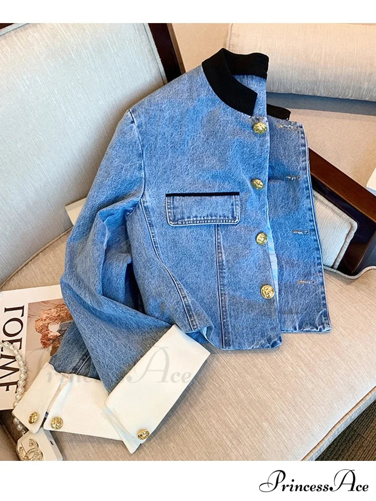 Denim Short Stand Collar Jacket