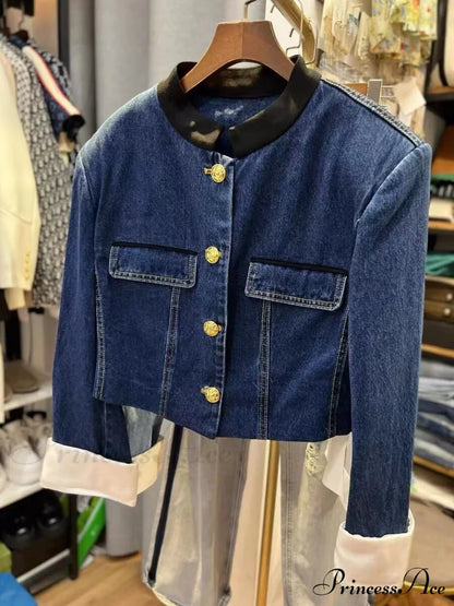 Denim Short Stand Collar Jacket Dark Blue / S