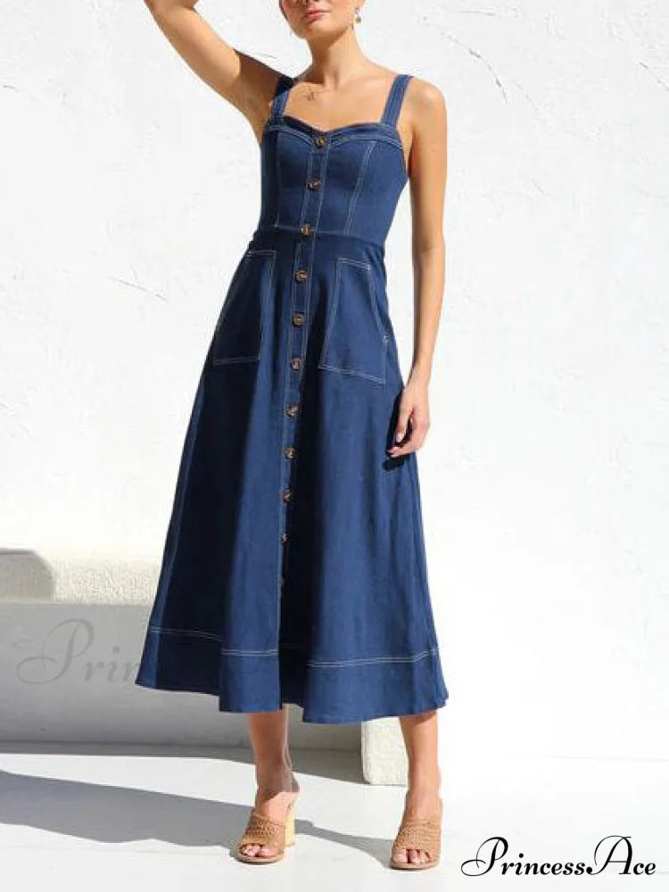 Denim Suspender Casual Charming Button Midi Dress Dark Blue / S Dresses