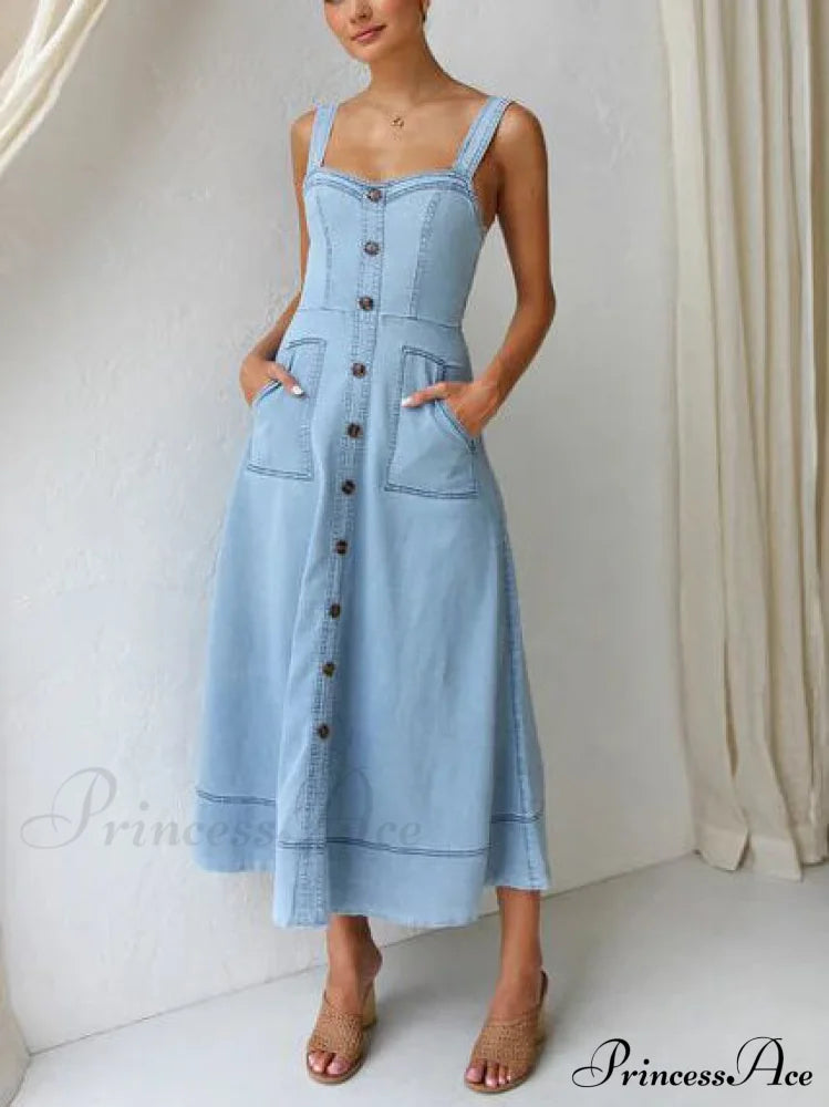 Denim Suspender Casual Charming Button Midi Dress Dresses