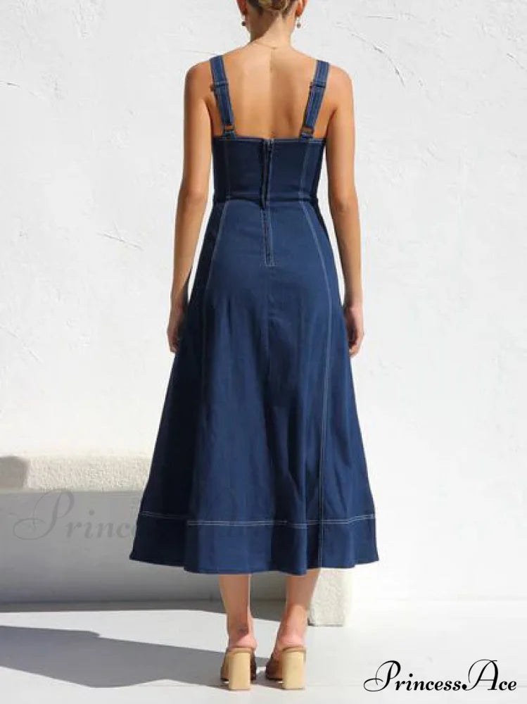 Denim Suspender Casual Charming Button Midi Dress Dresses