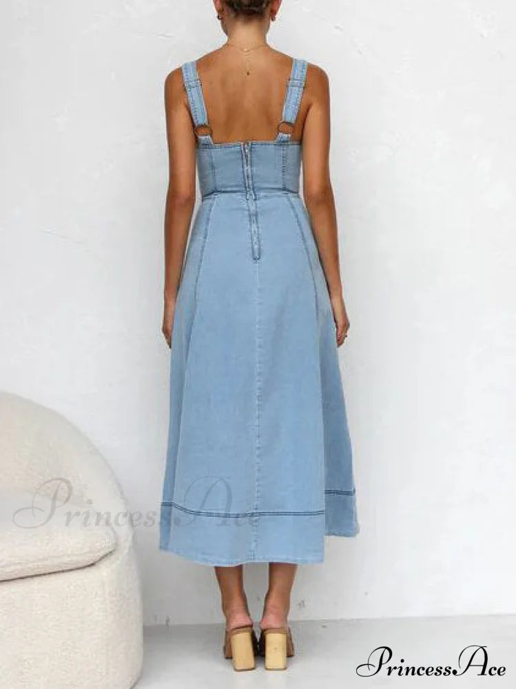 Denim Suspender Casual Charming Button Midi Dress Dresses