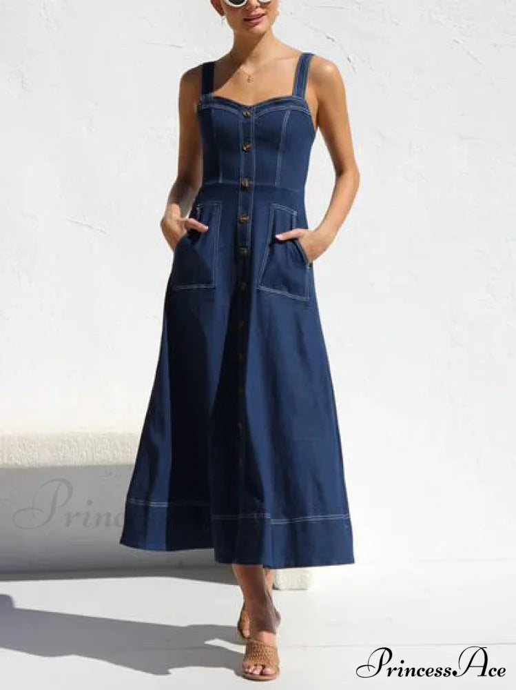 Denim Suspender Casual Charming Button Midi Dress Dresses