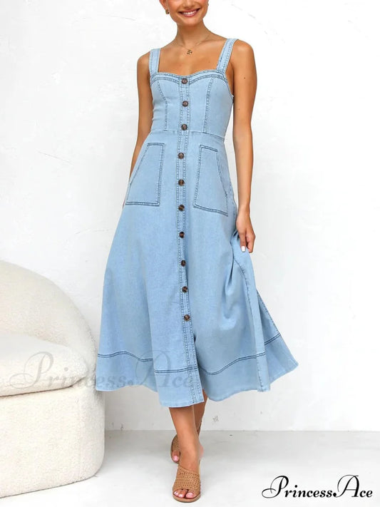 Denim Suspender Casual Charming Button Midi Dress Light Blue / S Dresses