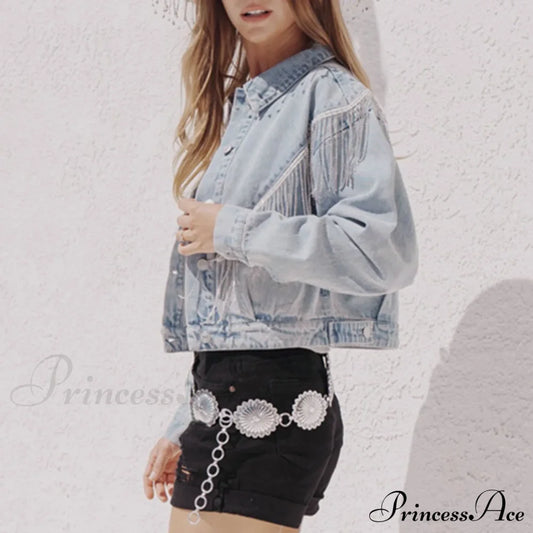 Denim Turndown Collar Splice Rhinestone Tassel Long Sleeve Loose Button Woman Clothing Warm Chic