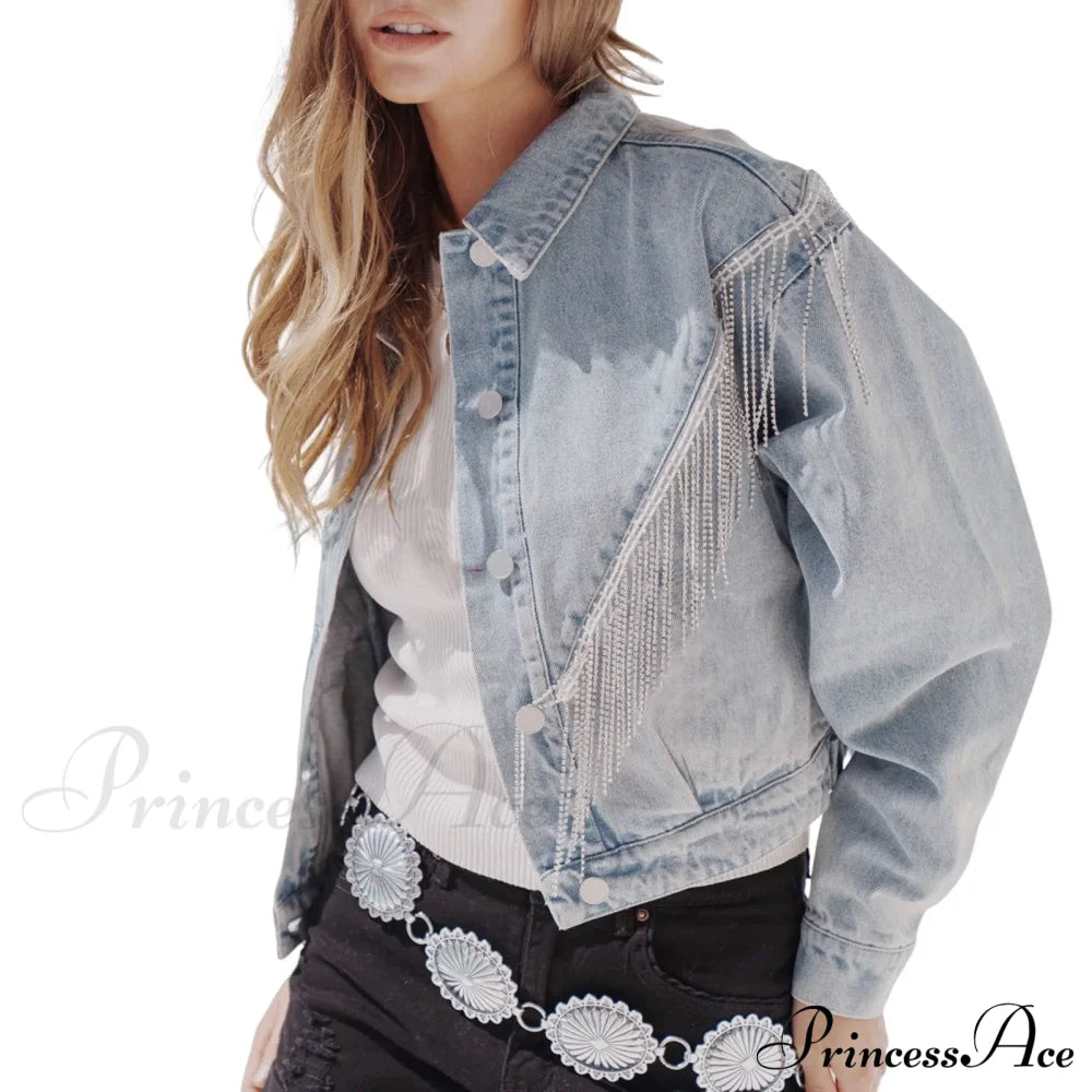 Denim Turndown Collar Splice Rhinestone Tassel Long Sleeve Loose Button Woman Clothing Warm Chic