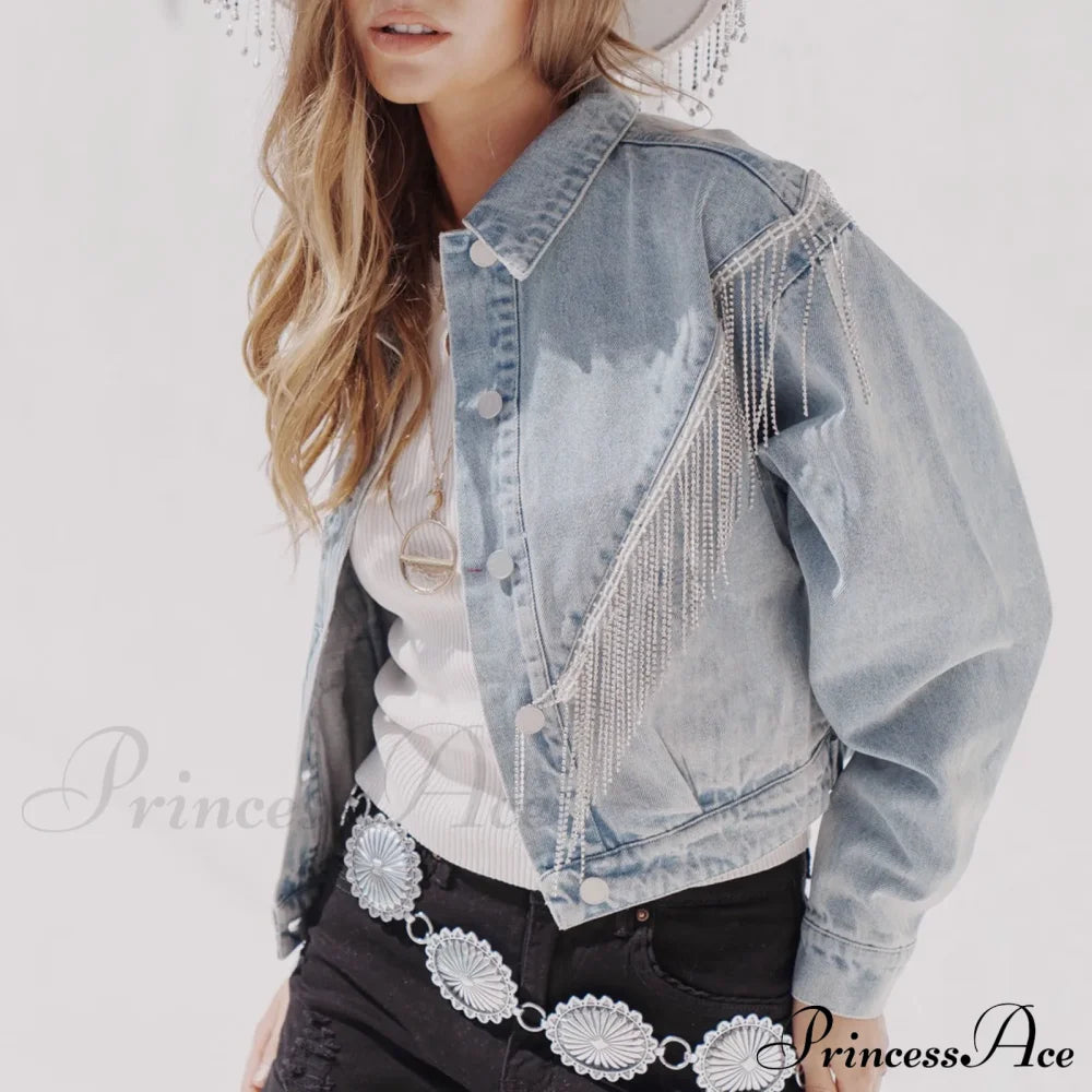 Denim Turndown Collar Splice Rhinestone Tassel Long Sleeve Loose Button Woman Clothing Warm Chic