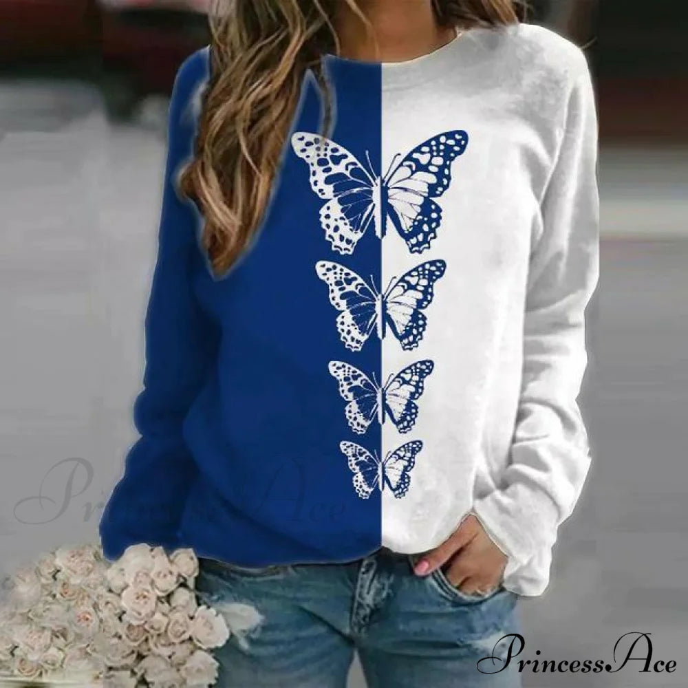 Elegant Butterfly Print T-Shirt Blue Best Sellings clothes Plus Size Sale tops Topseller