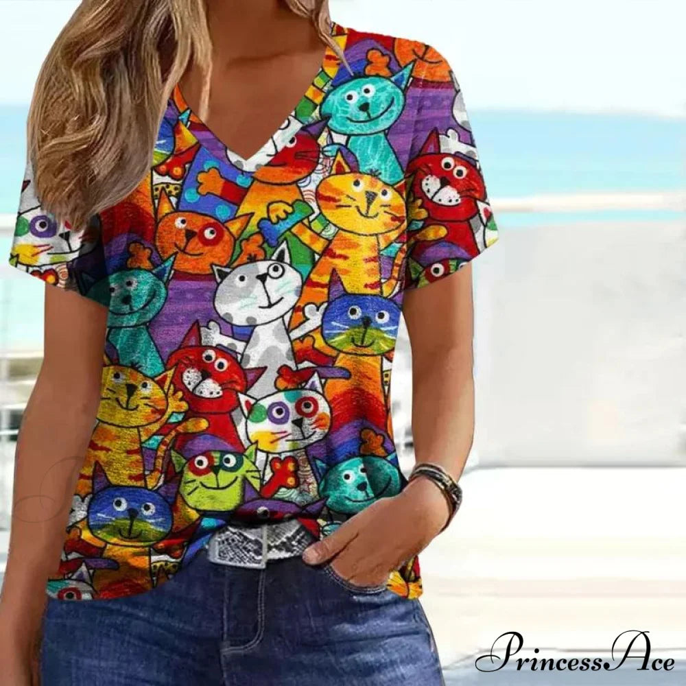 Design Colorful Cat T-Shirt Blouses