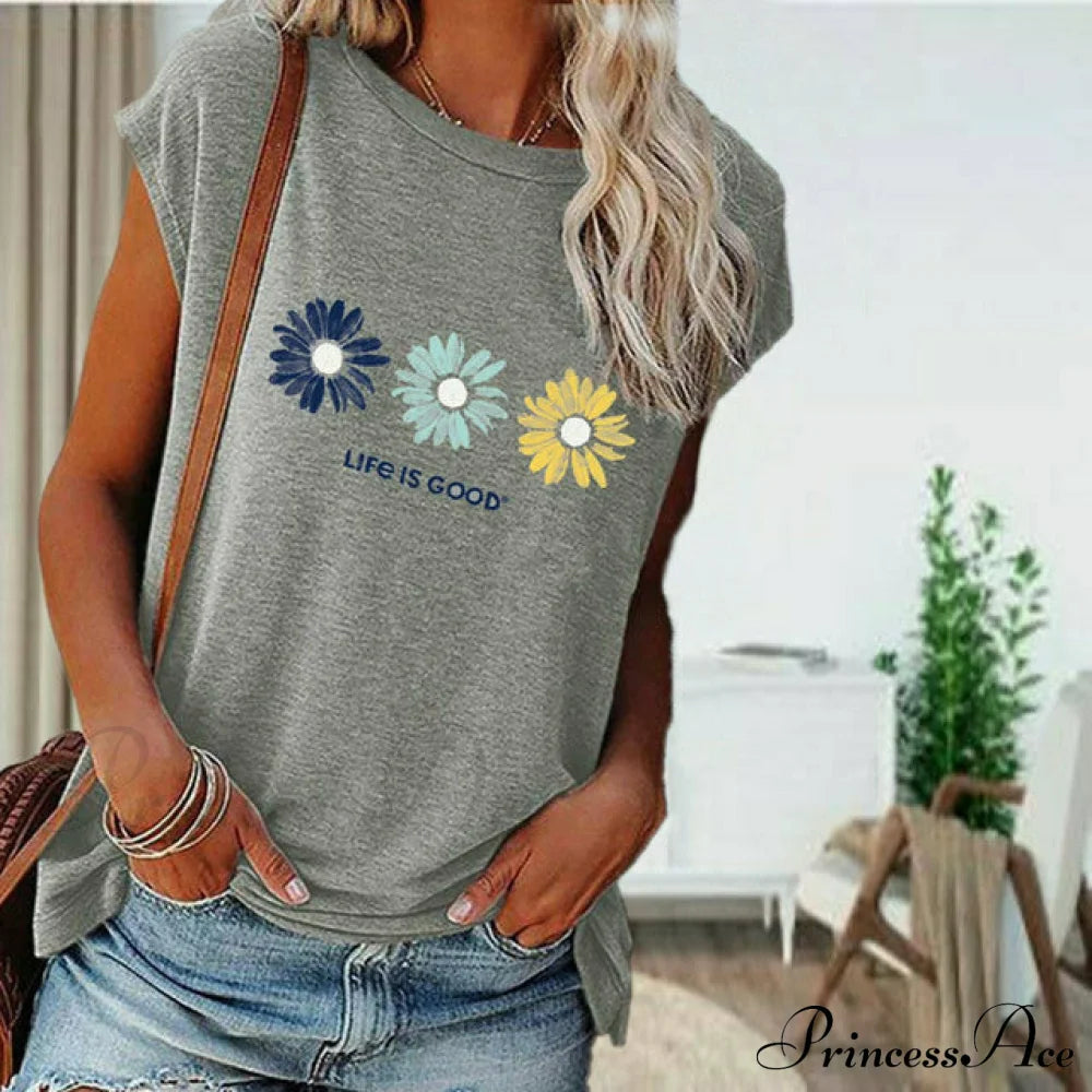 Casual Daisy Print T-Shirt Gray Best Sellings clothes Sale tops Topseller