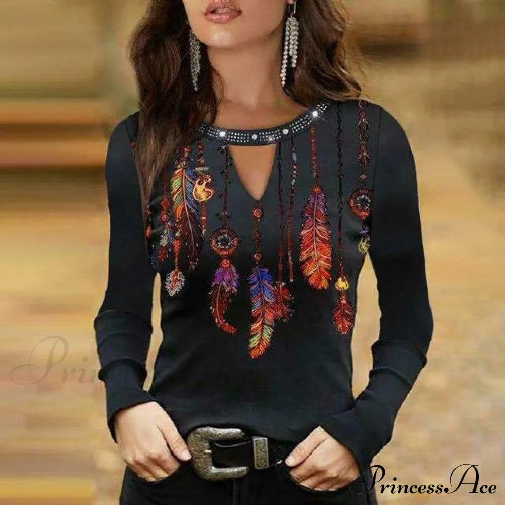 Sexy Feather Print Shirt Black Best Sellings clothes Plus Size Sale tops Topseller