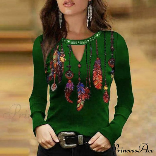 Sexy Feather Print Shirt Green Best Sellings clothes Plus Size Sale tops Topseller