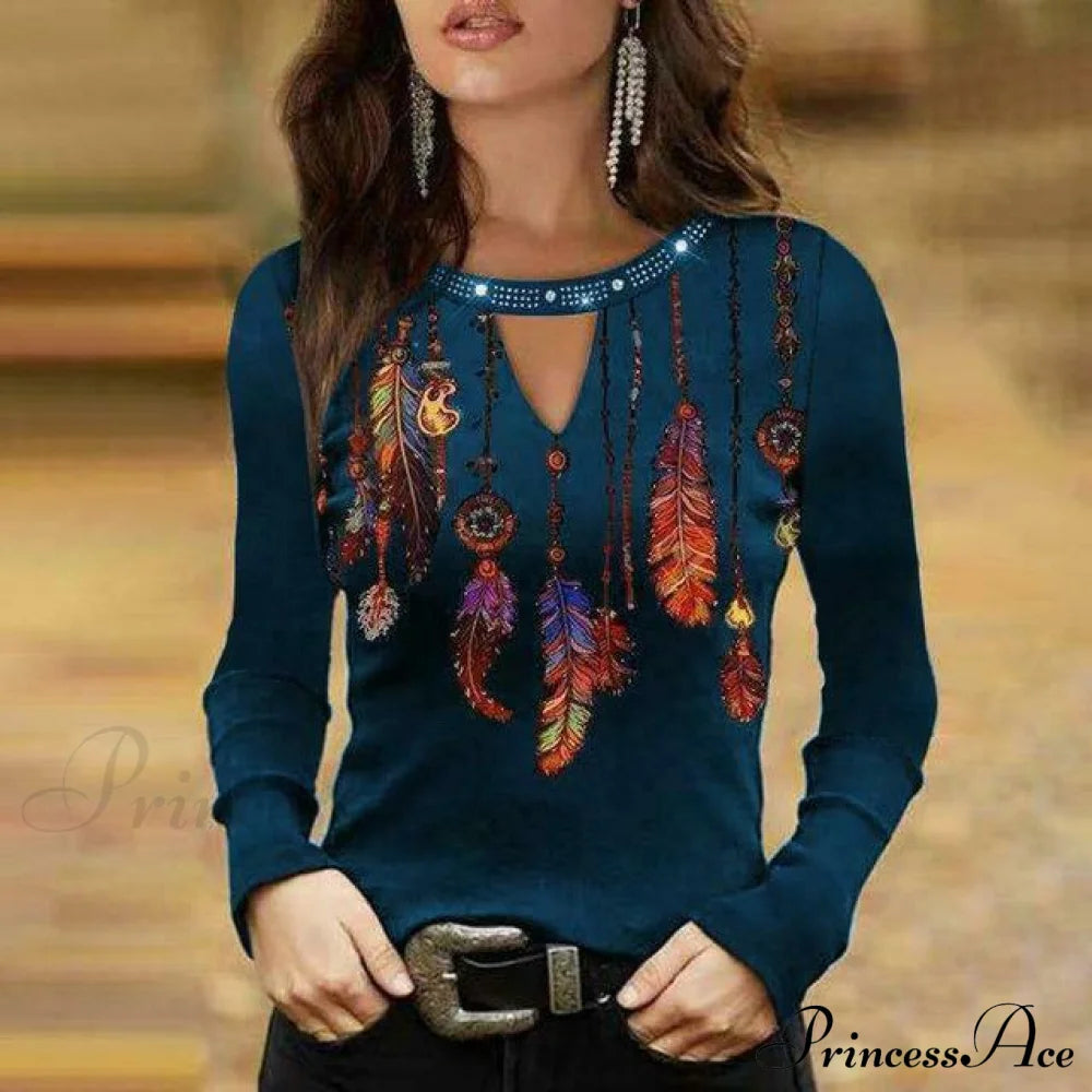 Sexy Feather Print Shirt Navy Blue Best Sellings clothes Plus Size Sale tops Topseller