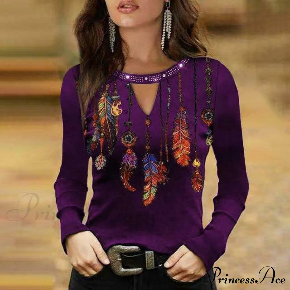 Sexy Feather Print Shirt Purple Best Sellings clothes Plus Size Sale tops Topseller