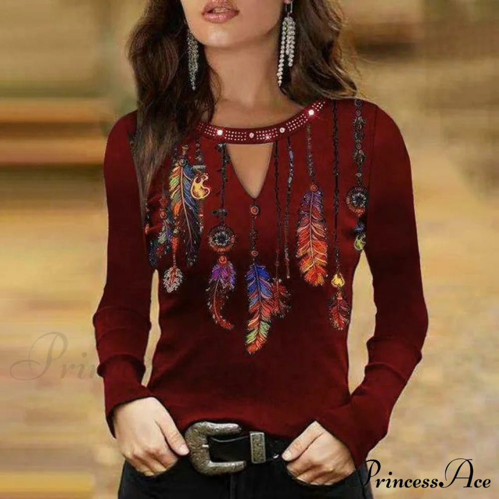 Sexy Feather Print Shirt Wine Red Best Sellings clothes Plus Size Sale tops Topseller