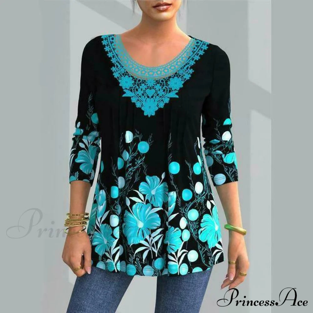 Elegant Floral Print Shirt Light Blue Best Sellings clothes Plus Size Sale tops Topseller