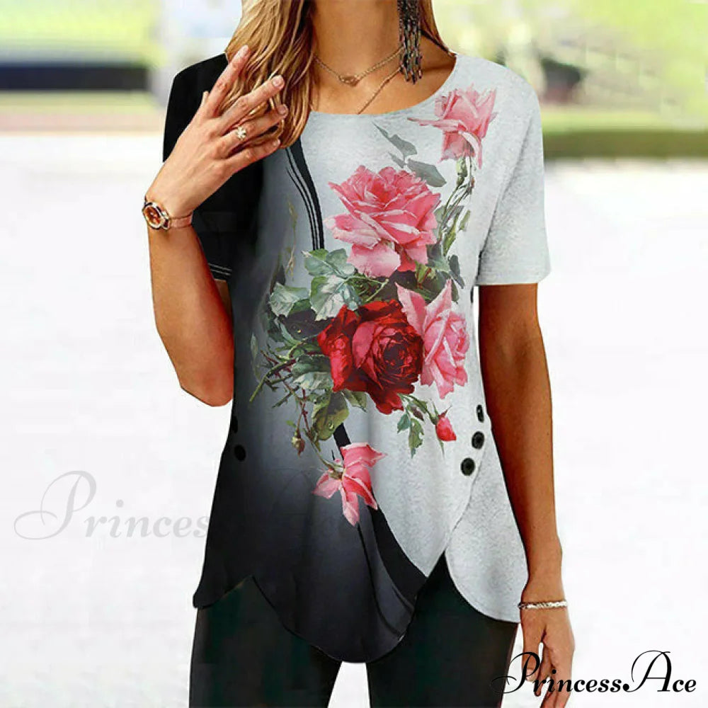 Irregular Gradient Rose Print Blouse Black best Best Sellings clothes Plus Size Sale tops Topseller