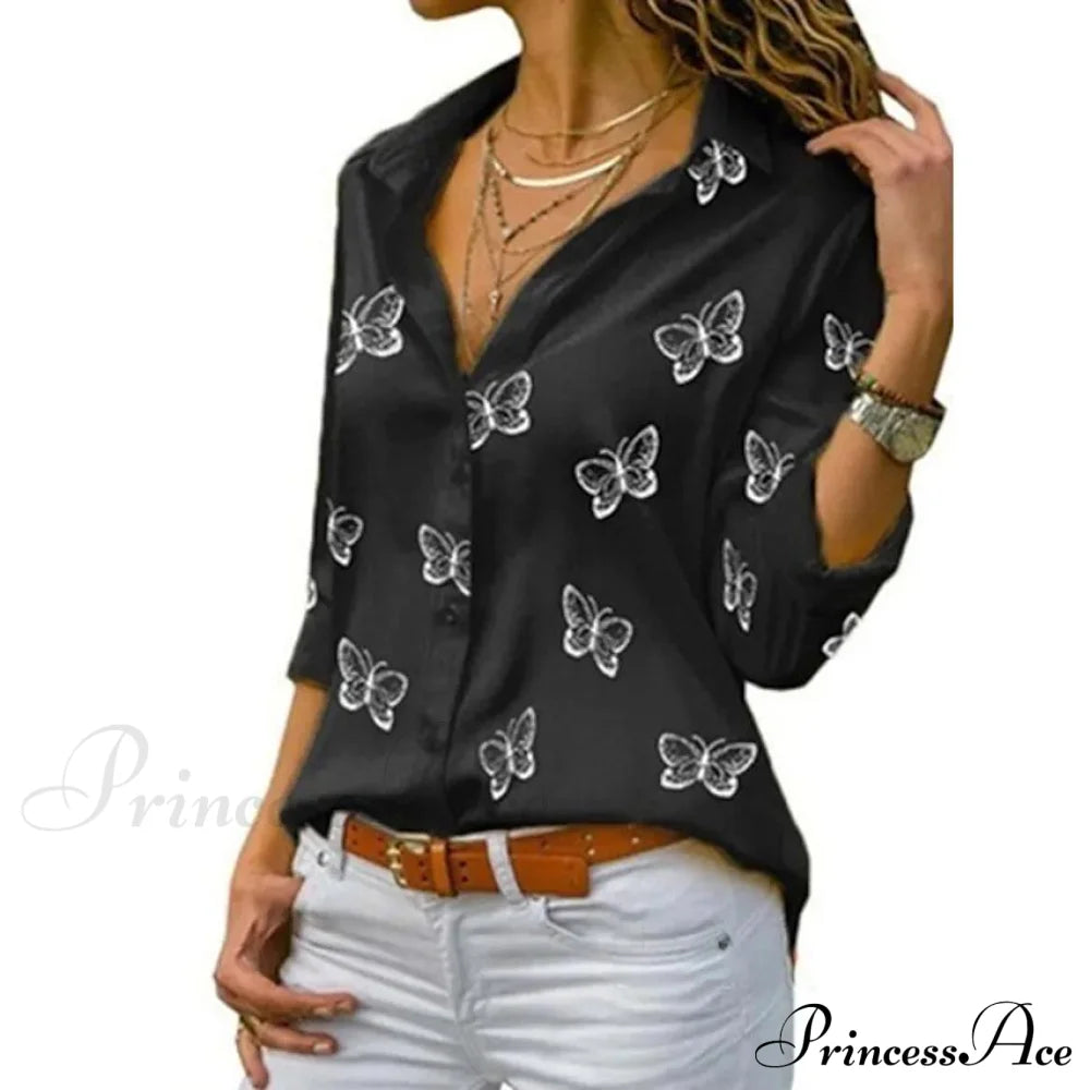 Women's Butterfly Long Sleeve Print Shirt Collar Basic Tops Black __stock:200 clothes refund_fee:800 tops