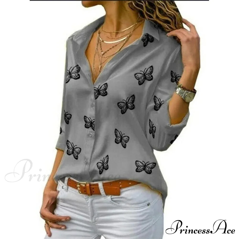 Women's Butterfly Long Sleeve Print Shirt Collar Basic Tops Gray __stock:200 clothes refund_fee:800 tops